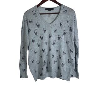 Skull‎ Cashmere Women's Sweater XS Gray Skull Print V-Neck Long Sleeve Pullover